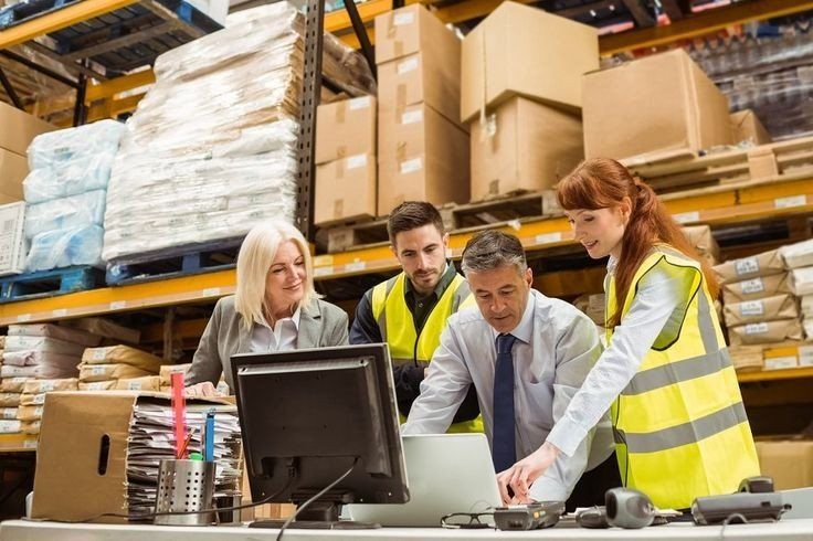 Logistics staff coordinating goods in a warehouse